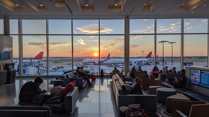 Business travelers moving through an airport for corporate flights