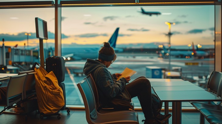 Corporate traveler waiting for an airline departure at the airport